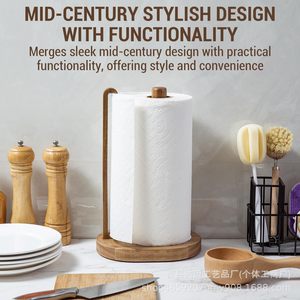 Wooden Paper Towel Holder Countertop Round Farmhouse Style Non Slip <b>Mat</b> Kitchen <b>Roll</b> Storage Rack - Product Image 5