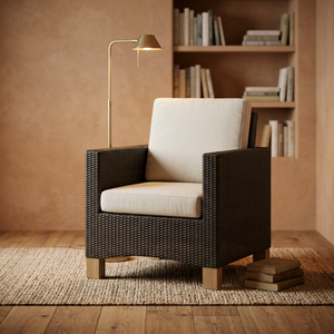 Contemporary Rattan <b>Garden</b> Chair With White <b>Cushions</b> Teak Legs <b>Outdoor</b> Furniture - Product Image 5