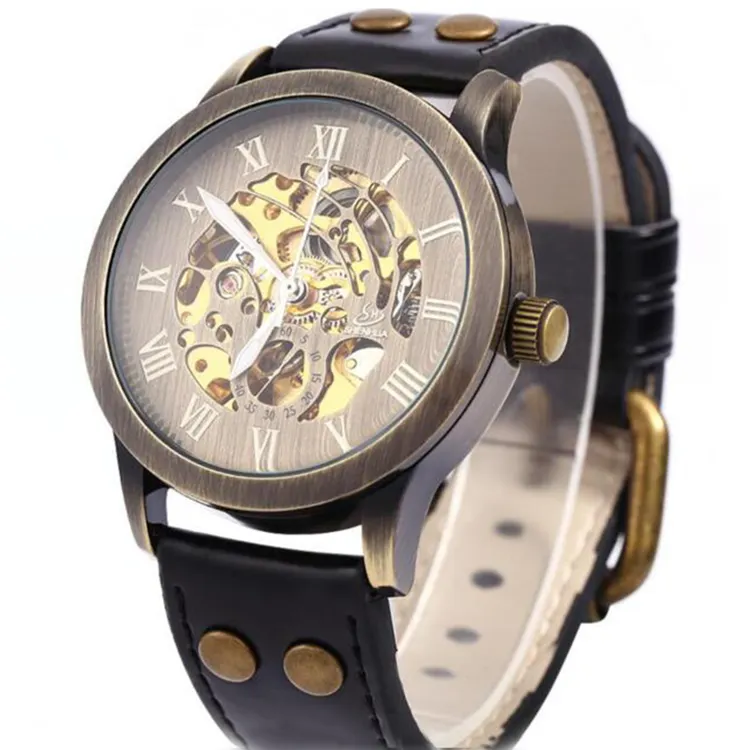 Shenhua 9269 Mannen Automatische Mechanische Horloge Vintage Brons Skeleton Retro Lederen Band Mechanische Horloge