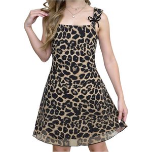 Robe mini sans manches à imprimé léopard, col carré, coupe trapèze, en mousseline de soie transparente, taille naturelle, robe de soirée translucide pour filles - Product Image 2