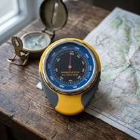 Baromètre analogique jaune avec cadran bleu et lunette métallique pour utilisation en extérieur