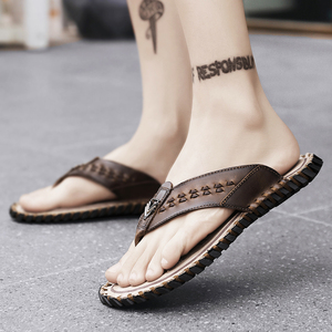 Tongs d'été pour hommes de haute qualité, en cuir véritable de luxe, à semelle plate - Product Image 5