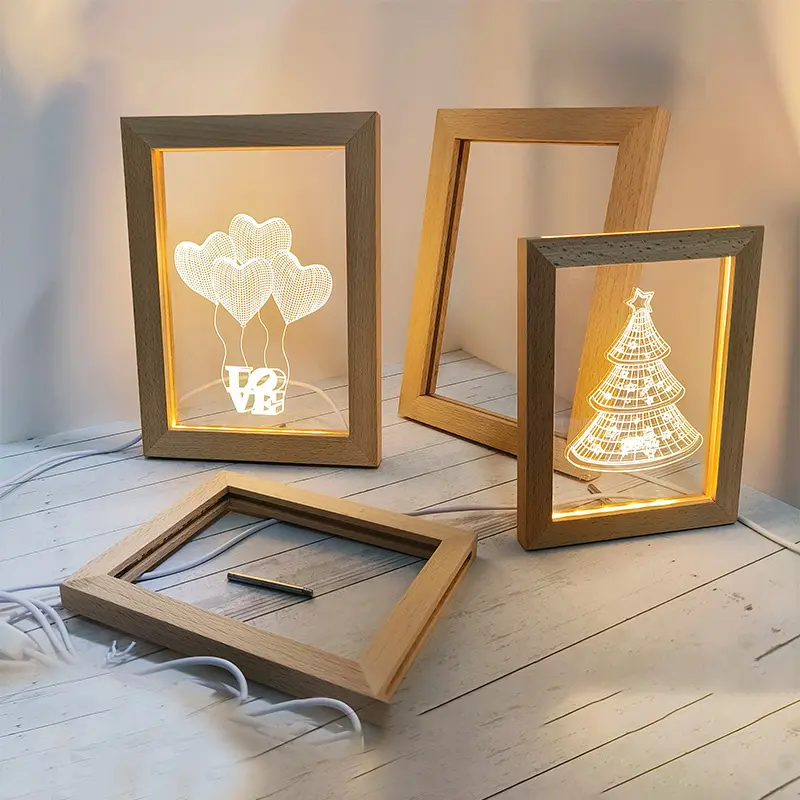 DIY Patterns Wooden LED Photo Frames 3D Night Light Christmas Custom Designs Home Wedding Wood Picture Acrylic Photo Frame