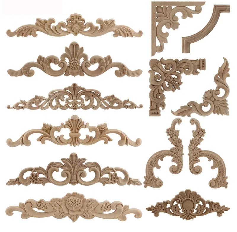 CNC Carved Rubber Wood Appliques And Onlays For Home Decoration Antique Onlays Mouldings