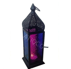 Lanterne en métal en verre coloré Shabby Chic de cour extérieure | Lanterne à bougie marocaine noire - Product Image 1