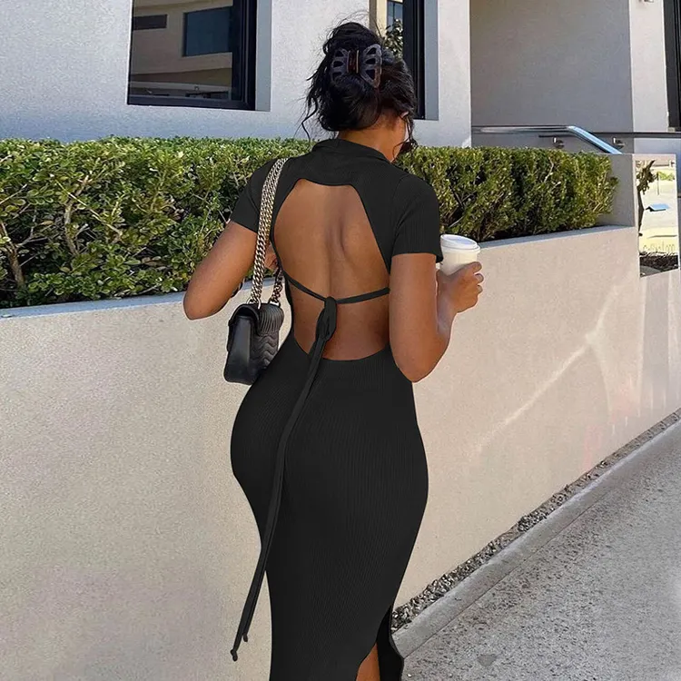 Elegant Fashionable Female 2021 Khaki Short Sleeve Split Maxi Dress Sexy Backless Hollow Out Bodycon Dress Women