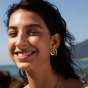 Geometric <b>Stud</b> <b>Earrings</b> With <b>Turquoise</b> Inlay Gold Tone Stainless Steel Party Jewelry - Product Image 3