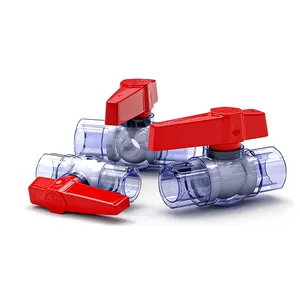 Válvula de bola flotante de plástico transparente, mango de mariposa roja, válvula de bola compacta de PVC,