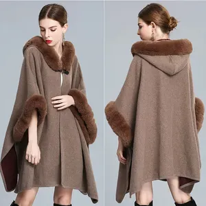 Özelleştirilmiş renk kadın palto 2022 yeni yün ceket büyük boy gevşek taklit kürk kapüşonlu süveter hırka şal pelerin