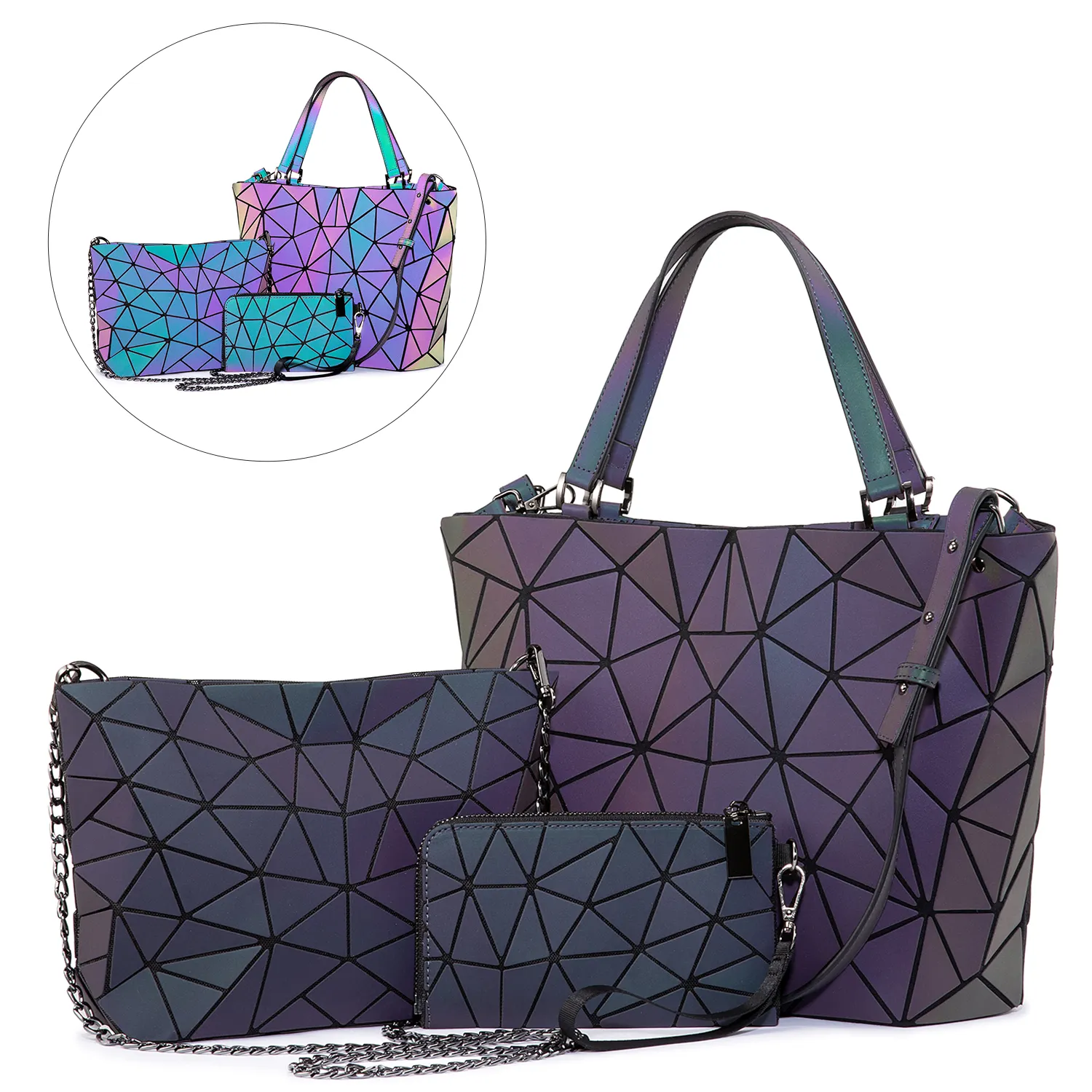 LOVEVOOK Wholesale Holographic Reflective Tote Bag Clutch Wallet Shoulder Bags Set Geometric Luminous Women Purses and Handbags