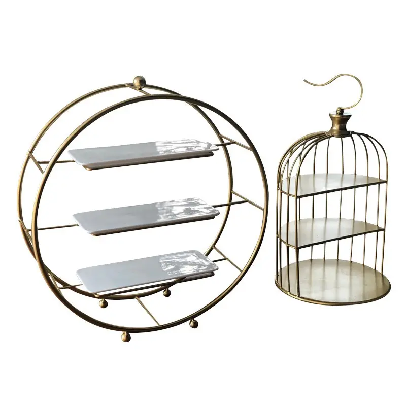 New Luxurious Golden Storage Rack Dessert Cakes Display Factory Custom Metal Dessert Display Iron Bird Cage Cake Stand