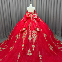 Rotes Ballkleid aus Satin für Quinceañera, Anpassbares Bodenlange Festkleid mit Quasten, Schulterfreies Prinzessinnenkleid in Rot