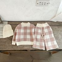Ensemble de vêtements pour bébé en tricot à carreaux d'automne-hiver, pull décontracté neutre pour garçons et filles, pantalon, 2 pièces