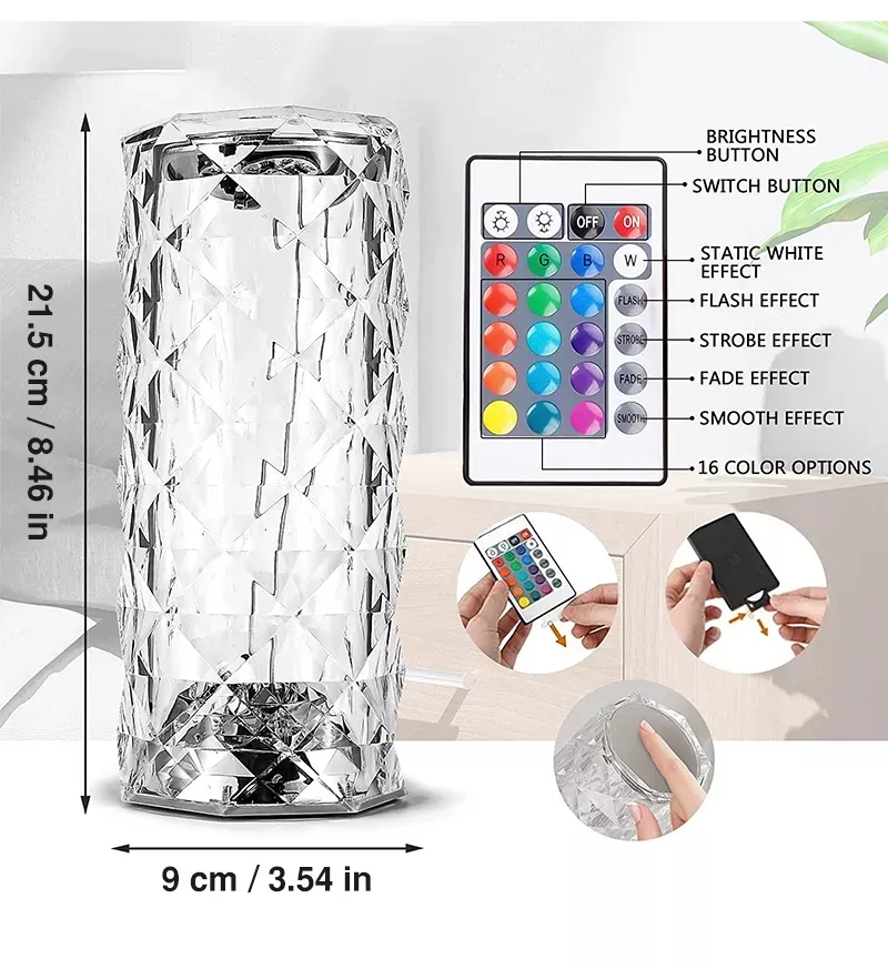 Hot sale Home Decor Rechargeable Rose Crystal Desk Lamp Bedroom Bedside Touch Crystal Night Light With Usb Port