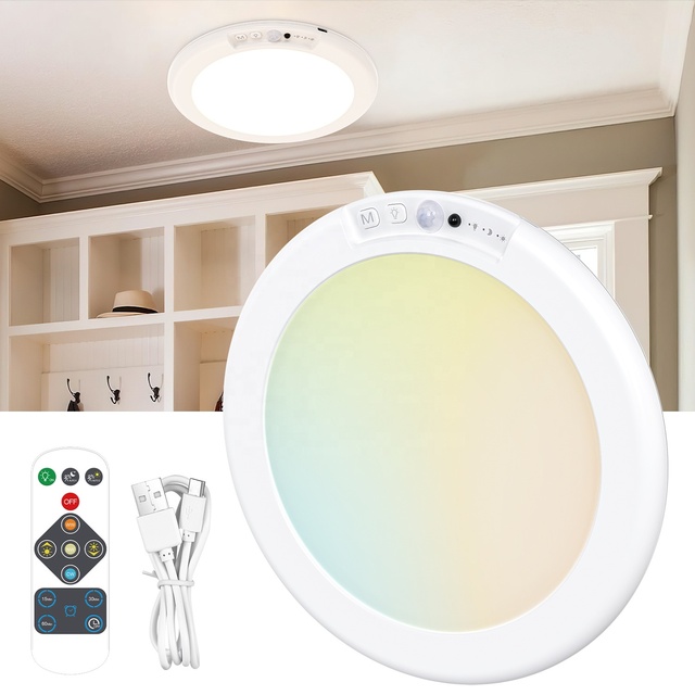 Modern Smart Home Rechargeable LED Wall ABS White Motion Sensor Ceiling Nightlight Dimmable Remote Control for Room Decoration