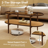 Table basse convertible ovale en verre trempé, faite à la main, durable, écologique, avec étagère de rangement en rotin à 2 niveaux, structure en bois, meubles pour la maison