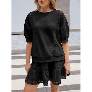 Ensemble 2 pièces personnalisé pour femme, avec dentelle, manches courtes bouffantes, style coquette, tenue d'été, longueur au-dessus du genou, couleur unie, polyester et coton - Product Image 6