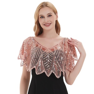 Châle de soirée des années 20, cape de mariée, boléro vintage, brodé de feuilles et de motifs zig-zag, style Charleston, avec sequins et perles - Product Image 1