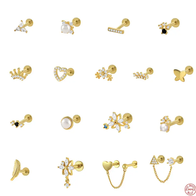 Mode 925 Sterling Silver Gold Filled Bijoux Géométrique Cartilage Zircon Diamant Perle Dos Plat Stud Femmes Piercing Boucles D'oreilles