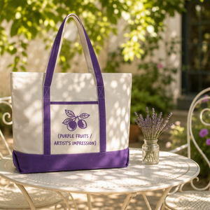 Sac fourre-tout de luxe en toile de coton lavande robuste de taille moyenne personnalisé avec longue bandoulière en ruban et poche zippée pour le voyage - Product Image 3