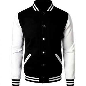 Veste universitaire noire et blanche pour homme, col rabattu décontracté, coupe régulière, polyester et coton, style automne, fermeture à boutons - Product Image 1