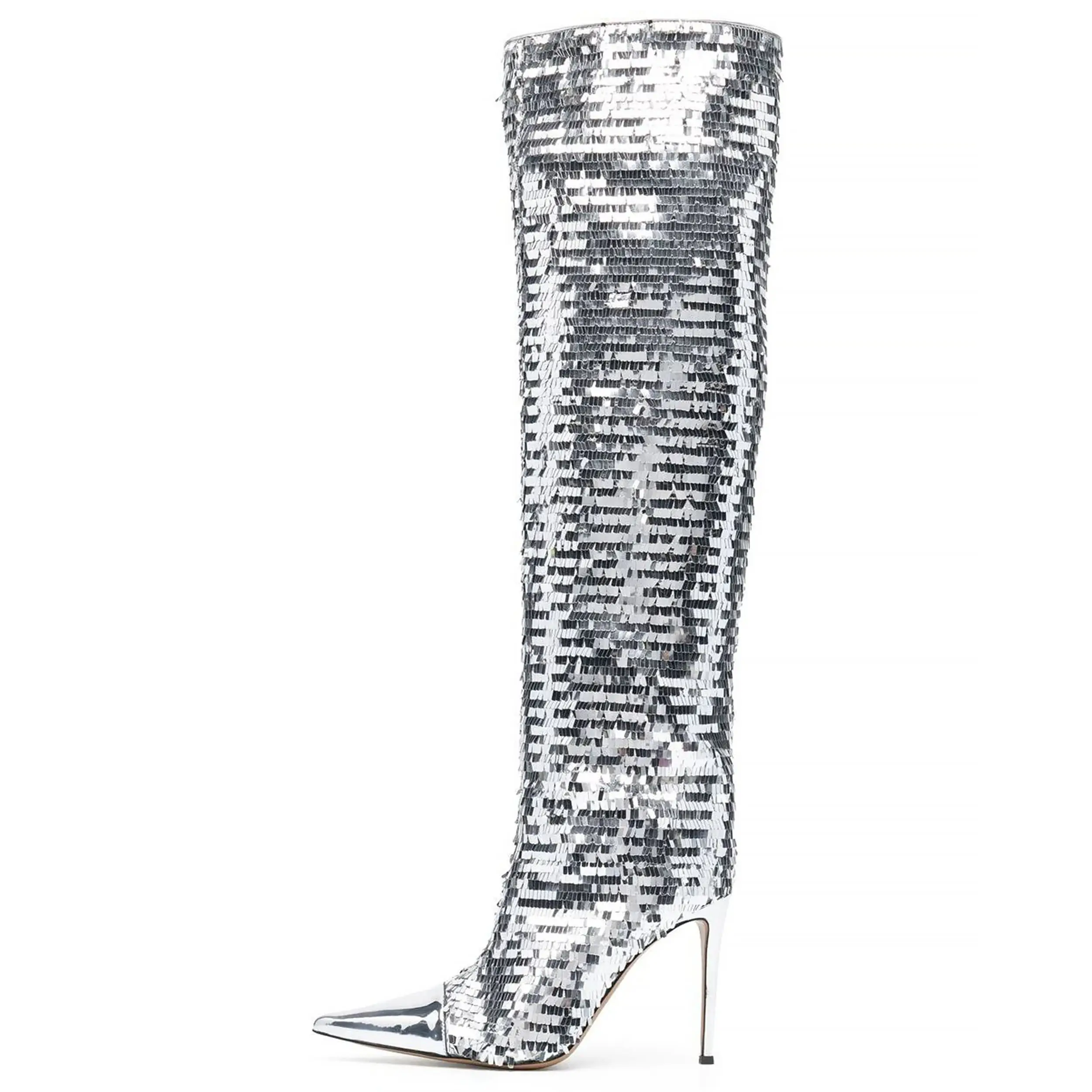 Pointed Toe Shoes Women Boots New In Early Spring 2023 Luxurious Silver Sequin Knee Boots High Heels