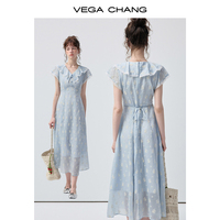 VEGA CHANG Gaun Midi Bordir Bunga Putih dengan Aksen Biru Muda untuk Wanita, Kerah V, Ruffle, Lengan Pendek Berenda, Pinggang Tinggi