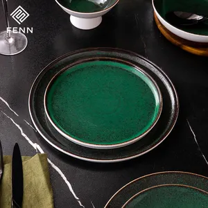 Plato de postre de ensalada de porcelana esmaltada verde creativo Vintage Platos Para restaurante Hotel plato de cena rústico de cerámica