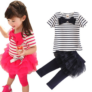Wholesale Two Piece Set Children Clothing Casual Short Striped T-Shirt and <b>Leggings</b> With <b>Skirt</b> Suit for Kids Girls - Product Image 3
