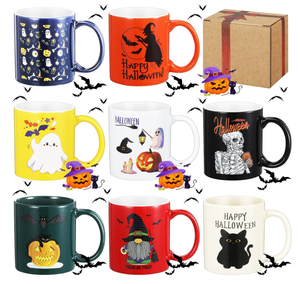 Ensemble de tasses en céramique personnalisées avec logo pour Halloween, tasses à café imprimées avec des motifs de citrouille, de fantôme et de chat, tasses à thé originales pour les fêtes, cadeaux ou bars - Product Image 1