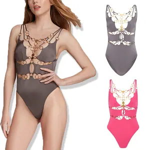 HL custom china wholesale swimwear one piece push up manufacture women sexy sheer bikinis monokini beachwear metallic swimwear