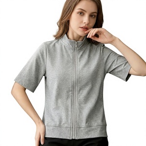 Women's Gray Short Sleeve <b>Zip</b>-<b>Up</b> Stand Collar Sweatshirt Knitted Cotton Blend Solid Color Breathable Spring Casual Top - Product Image 4