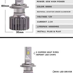Car Auto Light Triple Heat Hipe LED Headlight H1 H4 H7 H11 9005 9006 9012 LED Headlight 51W 65W Led Headlight Bulbs - Product Image 3