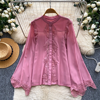 Chemisier décontracté ample à manches longues et col montant en dentelle patchwork pour femme, idéal pour l'automne