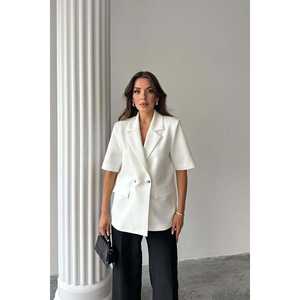 เสื้อแจ็คเก็ตเบลเซอร์แขนสั้นผู้หญิงสีขาว สไตล์ชุดทำงาน ป้องกันรอยยับ - Product Image 4