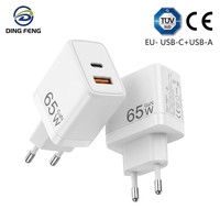 Chargeur GaN 65W USB-C + USB-A double port, norme européenne, adaptateur de charge mobile, certifié CE, alimentation à charge rapide PD pour téléphone portable