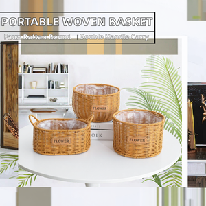Modern Portable Decorative Storage <b>Basket</b> Flower Pot in Faux Rattan Made of Woven <b>Plastic</b> Double Handles Eco-Friendly Home Decor - Product Image 2