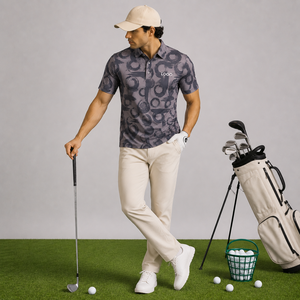 Chemises Polo de Golf Personnalisées avec Logo Imprimé pour Hommes, Motif Circulaire Abstrait Gris, Manches Courtes, Marque Privée, Fabricant OEM ODM - Product Image 2