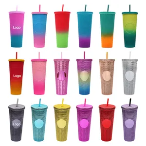 Gobelet en plastique 24oz avec logo personnalisé tasse Durian en diamant coloré à double paroi sans BPA avec couvercle et paille