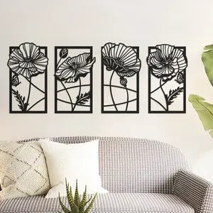 Putuo Decor New Trend 4PCS Poppy Flowers Wooden Wall Art Floral Black Line for Living Room Bedroom Decor