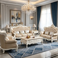 Ensemble de canapés de luxe européens en cuir véritable, 3 places, 2 places, fauteuil, structure en bois massif sculpté, pour salon, villa, hôtel, vente en gros