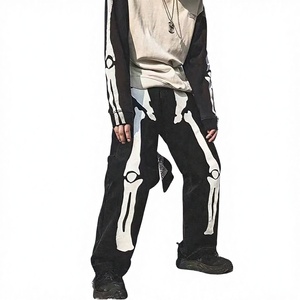 Jean vintage taille haute en coton tricoté respirant avec logo frontal, coupe droite, style workwear automne, délavé - Product Image 4