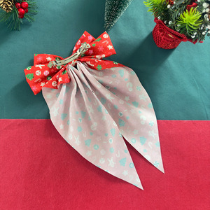 Christmas Print Fabric Big <b>Bow</b> Hair <b>Clip</b> Long Ribbon Tail Barrette Holiday Women Hair Accessory - Product Image 4