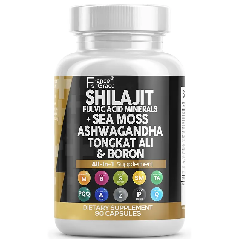 อาหารเสริม Shilajit บริสุทธิ์ 10,000 มก. หิมาลัย w มอสทะเล 6000 มก. อะชวากันด้า 6000 Tongkat Ali โบรอนแมกนีเซียม