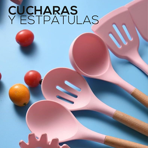 Ensemble d'ustensiles de cuisine en silicone écologiques de 19 pièces avec des poignées en bois, une planche à découper et un seau de rangement - Product Image 3