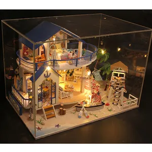 ライトとダストカバー付きキッズおもちゃオンライン木製おもちゃハウス教育ミニチュアドールハウス