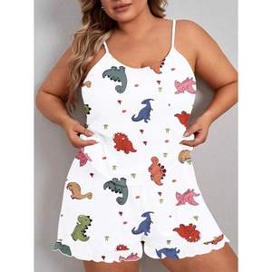 Conjunto de pijama personalizado para mujer, talla grande, con estampado de dibujos animados, camiseta tipo camisola y pantalones cortos, ropa de dormir, tela tejida de verano - Product Image 4