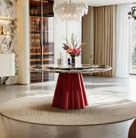 Table à manger ronde de luxe, plateau en pierre frittée marbrée, base rouge, design moderne pour la maison, l'hôtel, le restaurant