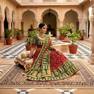 Women Lehenga Choli Set <b>Green</b> Red <b>Silk</b> Embroidered Traditional Wedding Outfit Floor-Length Indian Pakistani Wear - Product Image 1