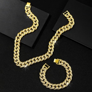 Factory Wholesale Bling Rhinestone and Iced Out Hip Hop 16MM Cuban Chain <b>Bracelet</b> Necklace Men's Jewelry <b>Set</b> - Product Image 1